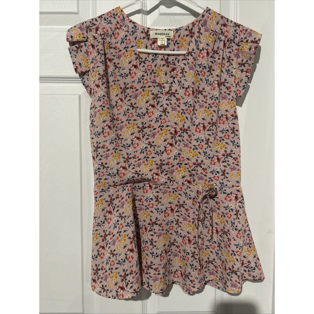 MONTEAU Los Angeles women Large cross Front ruffle floral print shirt Peplum Top